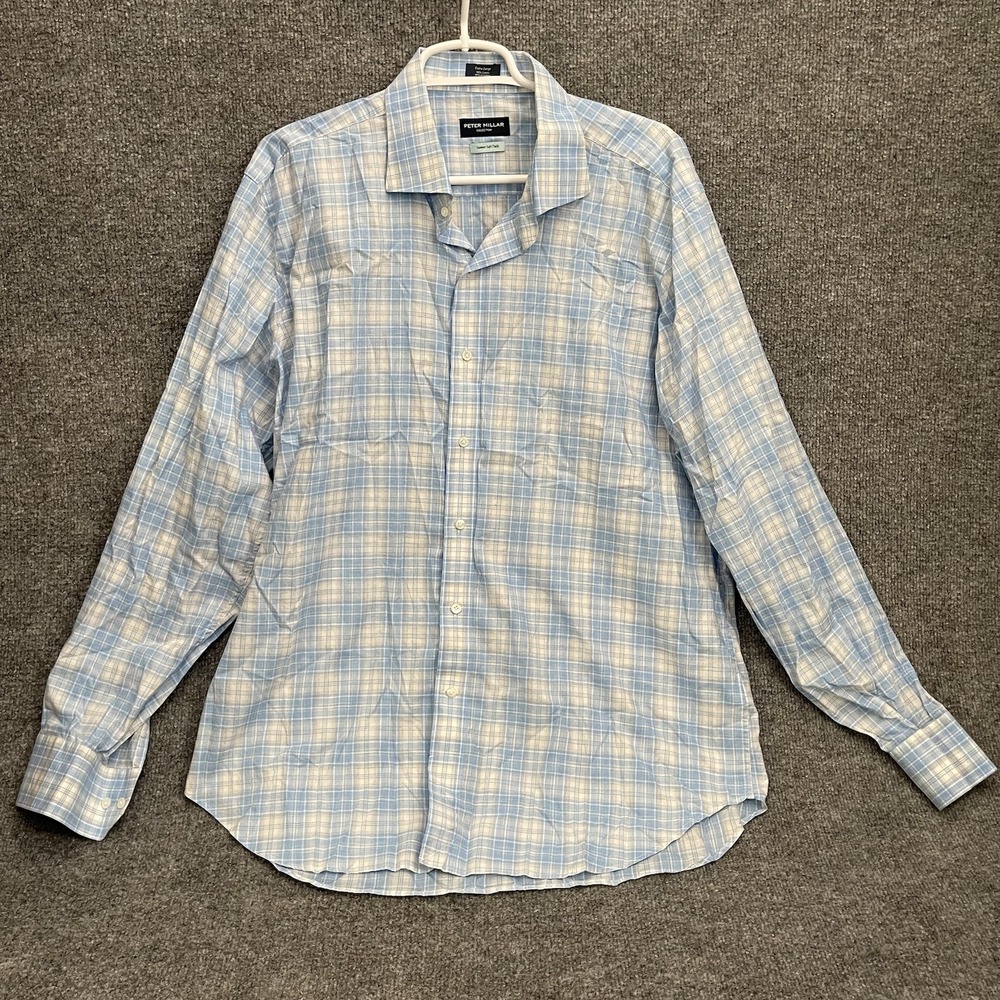 Peter Millar Summer Soft Twill Shirt Men's Sz XL Blue Plaid Long Sleeve